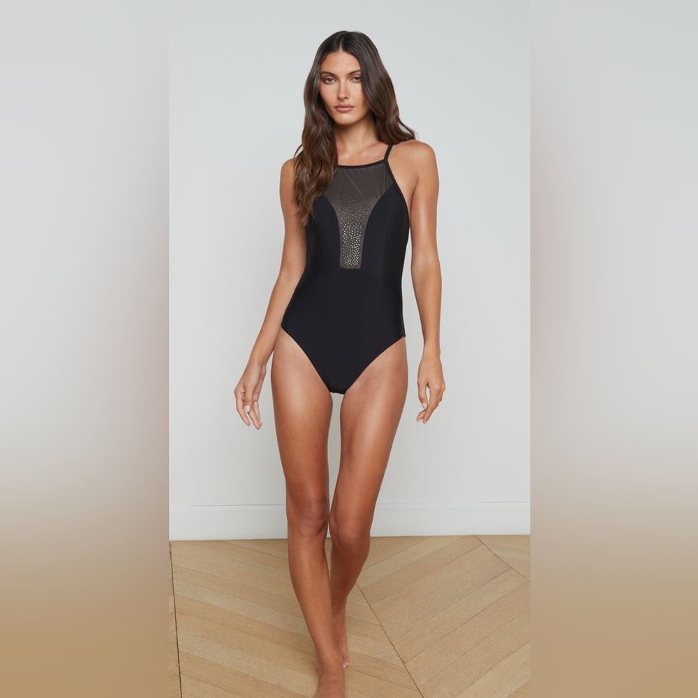 L'AGENCE Black One-Piece Swimsuit with Sheer Mesh Panel